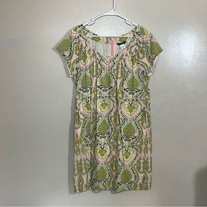 J crew 14 pink green shift dress 100% cotton with on seam pockets